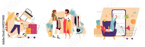 Set of contactless pay through banking app on cell phone vector illustration concept. Internet banking app. Online payment, money refund or money storage program. Wireless cash transaction technology
