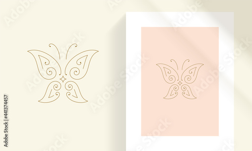 Delicate butterfly with ornamental wings line art style vector illustration