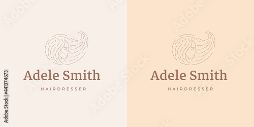 Female profile logo emblem design template vector illustration in minimal line art style