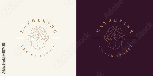 Magic hands with moon crescent logo emblem design template vector illustration in minimal line art style