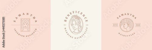 Feminine logos emblems design templates set with celestial woman portraits vector illustrations minimal linear style