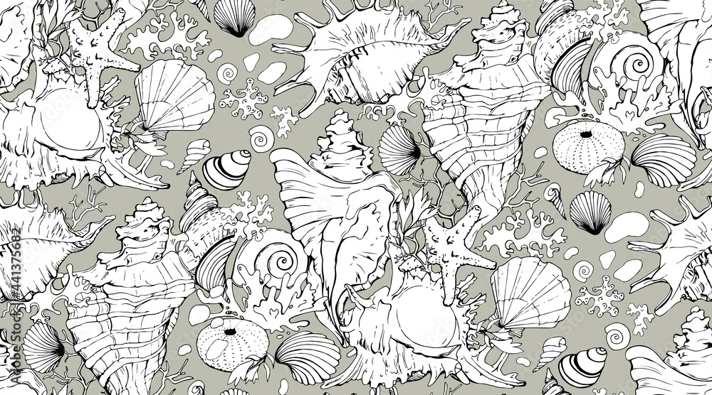 Beach seamless pattern. Sand and sea shells monochrome isolated graphic ...