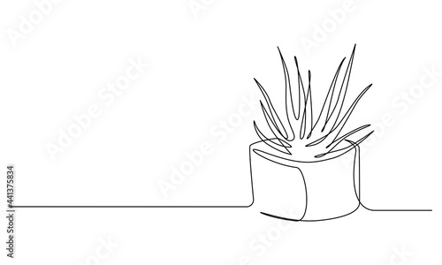 One continuous Line drawing of House plant in pot. Succulent aloe vera in simple linear style. Editable stroke Vector illustration