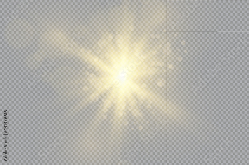 The bright light of the sun. Transparent sunlight. Special lens flare light effect. Front solar lens flare. 