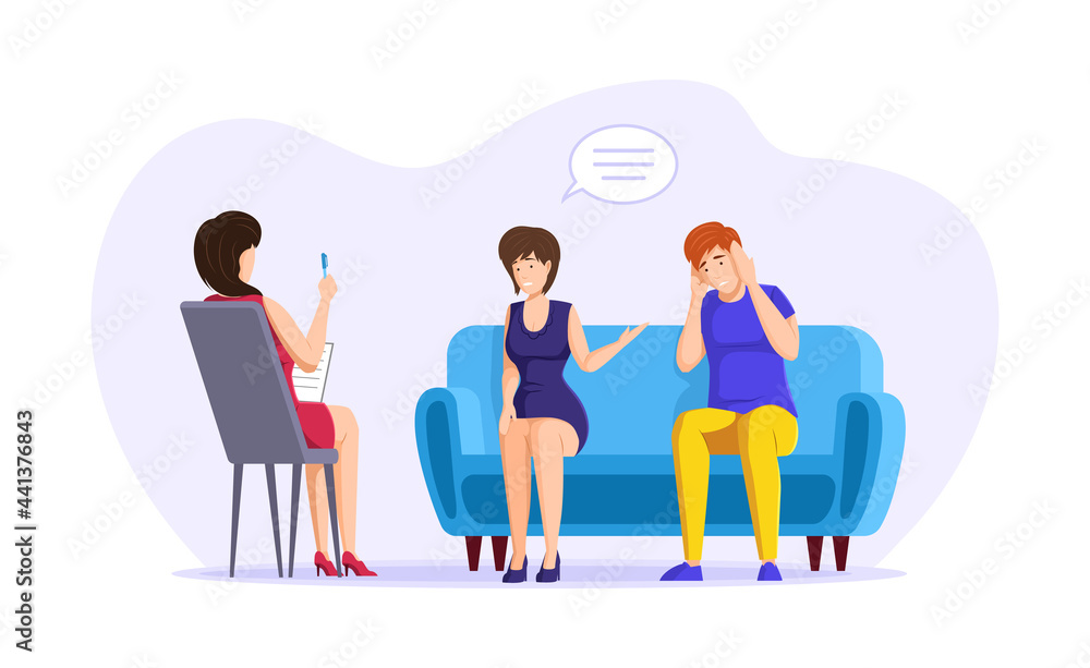 Married couple at psychotherapy consultation together. Family psychologist help solving problem conflict to husband and wife. Mental therapy session to overcome crisis in relationship