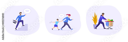 Set hurrying people. Diverse man and woman running in hurry or haste. Lateness or tardiness