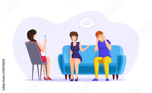 Married couple at psychotherapy consultation together. Family psychologist help solving problem conflict to husband and wife. Mental therapy session to overcome crisis in relationship