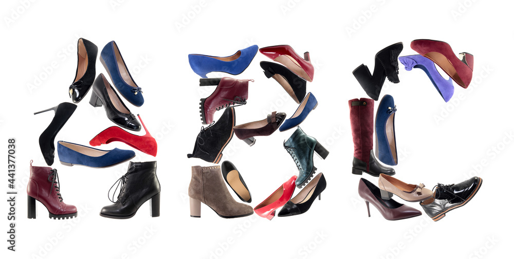 Obraz premium Alphabet shoes. ABC letters from shoes isolated on white background. Letters are made from different shoes.