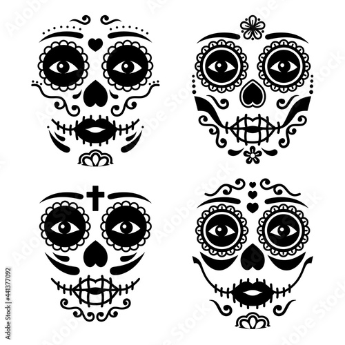Mexican La Catrina face vector design, Dia de los Muertos or Day of the Dead female skull in black and white
