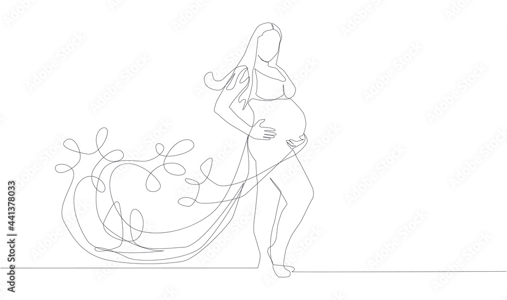 Self, drawing continuous single drawn one line pregnant woman nursing woman hand-drawn picture silhouette.