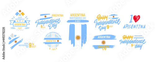 Set of Argentina happy independence day greeting card, banner with template text vector illustration. Argentinian memorial holiday 9th of July design element with flag with stripes and sun
