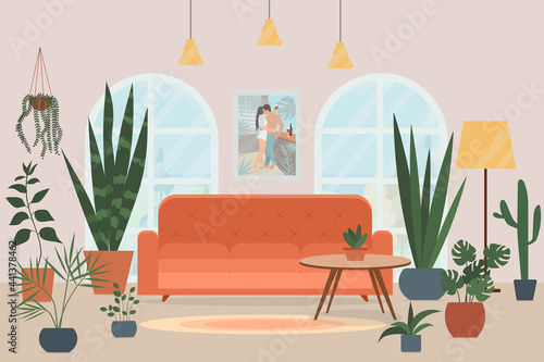 Cozy living room interior with sofa, two large windows and potted plants. Flat style vector illustration.