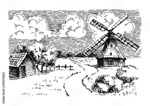 Rural landscape with windmill.  Bakery shop, organic agricultural production, ecological food. Vector hand drawn vintage engraved sketch.