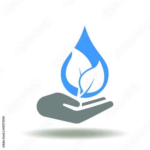 Hand hold drop water and green leaf vector illustration. Ecology symbol. ESG Environmental Social Governance Icon.