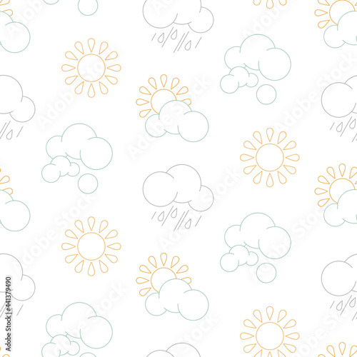 Seamless pattern with bright icons - sun, cloud, rain isolated on white background. Colourful cartoon Illustrations of weather. 
