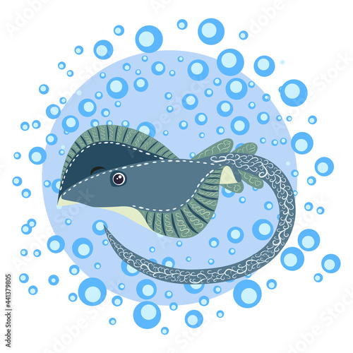 Ramp fish head magnified sea animal wildlife character illustration. Nature underwater ramp skate marine wild ocean zoo electric fish.