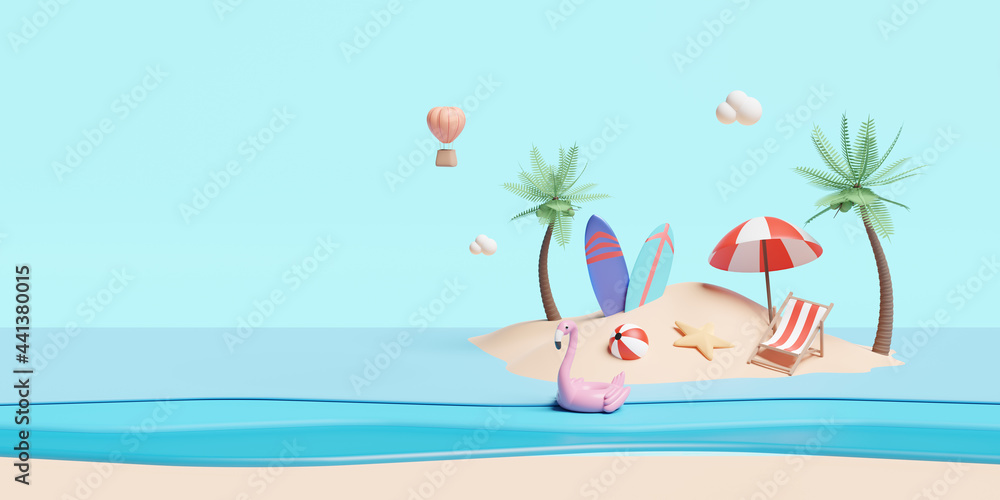 summer sea beach and island with beach chair,umbrella,ball ,Inflatable flamingo,island,cloud,Hot air balloon,starfish,coconut tree isolated landscape background concept ,3d illustration or 3d render