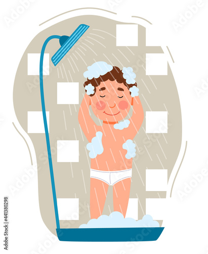 the boy takes a shower. Childrenes hygiene. The child is covered in foam. Vector illustration in a flat style.