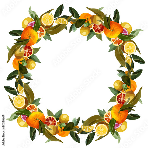 Round wreath of orange branches. Vector wreath for lemonade labels, summer designs, summer cafes, summer menus, banner ad