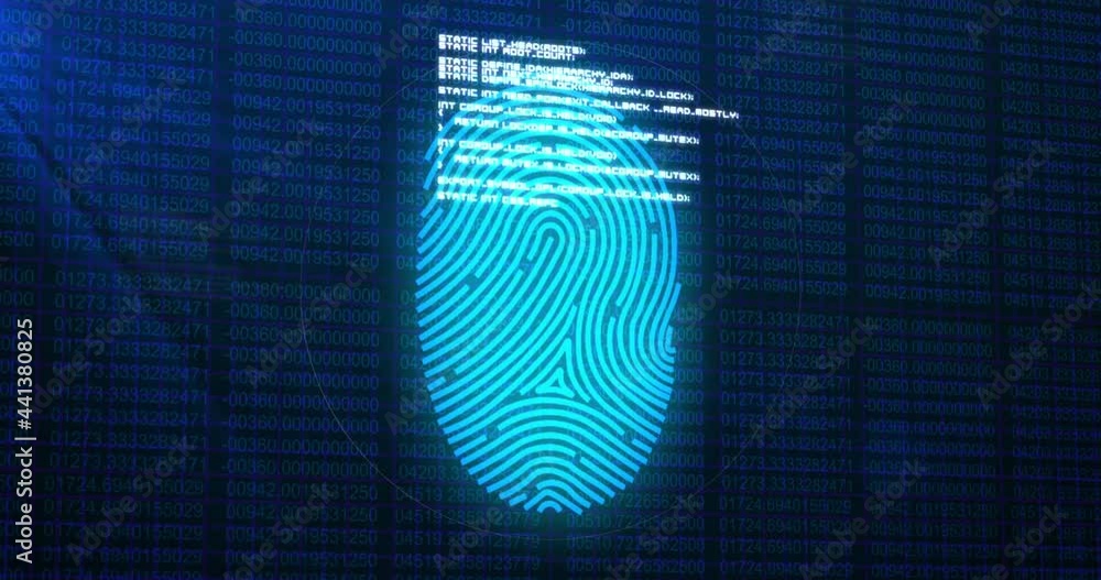Digital animation of biometric fingerprint scanner and data processing against blue background