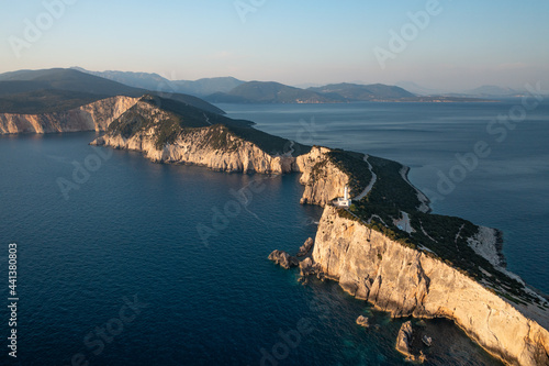 Aerial view at beautiful landscape with White lighthouse at the Greek island Lefkada