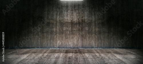 Dark empty room with old damaged concrete wall and ceiling lamp shining,interior texture for display products.