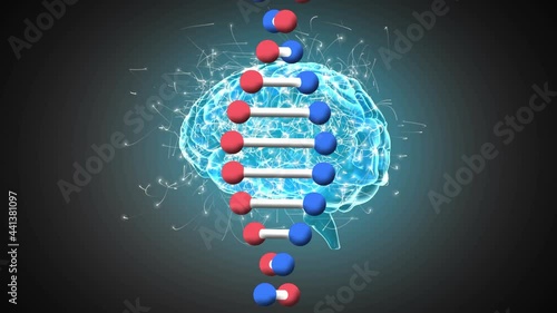 Digital animation of dna structire spinning against human brain spinning on grey background photo