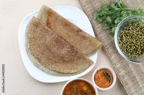 green moong daal dosa with tomato chutney and sambhar, south Indian food