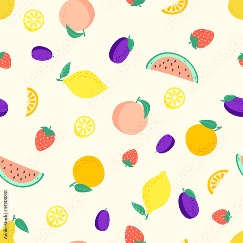 Fototapeta Naklejka Na Ścianę i Meble -  Seamless pattern with different fruits, peach, lemon, watermelon, plum, strawberry, orange, pear. Summer season fruits. Vector illustration. 