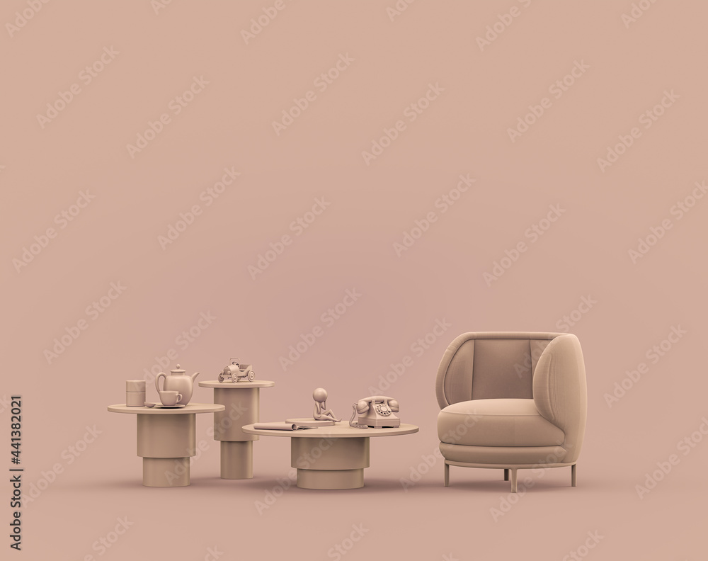 Fototapeta premium Single armchair and coffee table in monochrome single color rosy brown, pinkish color interior room with empty wall, 3d Rendering