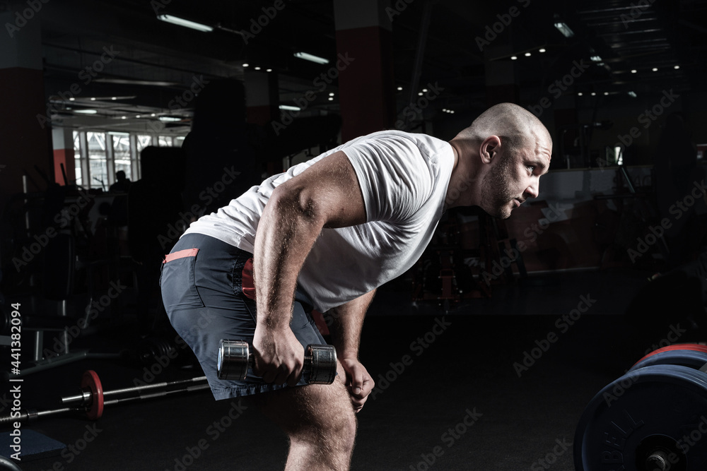 Male bodybuilder engaged with dumbbells in the gym Male bodybuilder engaged with dumbbells in the gym