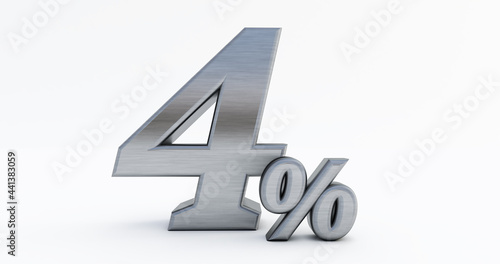 3d render of metal four ( 4% ) percent on a white background.