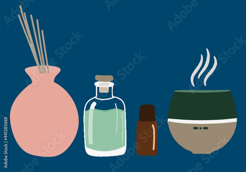 Collection of elements for aromatherapy, diffuser, aroma lamp, massagers for face and body, spa and wellness therapy, cartoon flat illustration, vector beauty icons