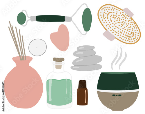 Collection of elements for aromatherapy, diffuser, aroma lamp, set of beauty art, massagers for face and body, spa and wellness therapy, cartoon flat illustration, body care, vector beauty icons