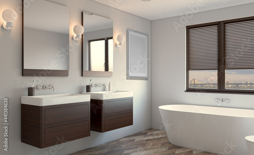 Scandinavian bathroom  classic  vintage interior design. 3D rendering.. Blank paintings.  Mockup.