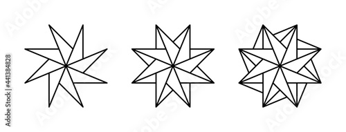Three pinwheel shaped eight-pointed stars. Geometric patterns that create the impression of a rotation through the symmetrical arrangement of lines, similar to the curls of a spinning pinwheel. Vector