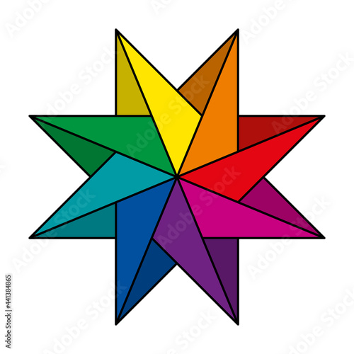 Rainbow colored and pinwheel shaped eight-pointed star. Geometric figure, that create the impression of rotation, similar to curls of a spinning wind wheel. Isolated illustration over white. Vector.