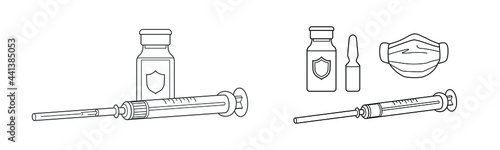 Isolated linear Vaccine and Syringe in support of vaccination. Measures to prevent virus spread and the development of immunity. Vector illustration of ampoules, mask and syringe on white background.