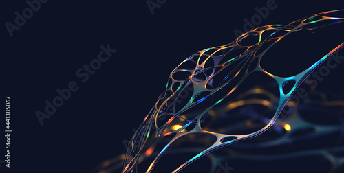 Neural network, artificial intelligence and digital cyber abstraction. 3D illustration of electrical impulses in tissue of neural connections. Creative innovation in business start-up photo