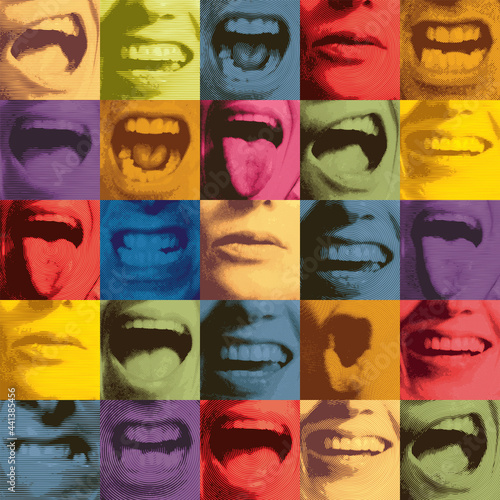 Abstract seamless pattern with a collage of colored square fragments that depict human mouths expressing various emotions. Bright vector background, suitable for Wallpaper, wrapping paper, fabric