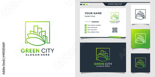 Green city logo with line art style and business card design. Inspiration  illustration logo design for business construction