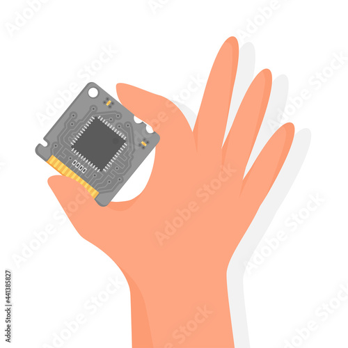 Electronic Microcircuit in hand. The microprocessor and computer chip icon. Computer component central processing unit CPU. Service center. Vector illustration, flat style.