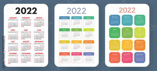 Calendar 2022 year set. Vector pocket or wall calender template collection. Week starts on Sunday. January, February, March, April, May, June, July, August, September, October, November, December