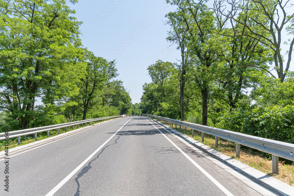 Highway among the trees on a sunny day.