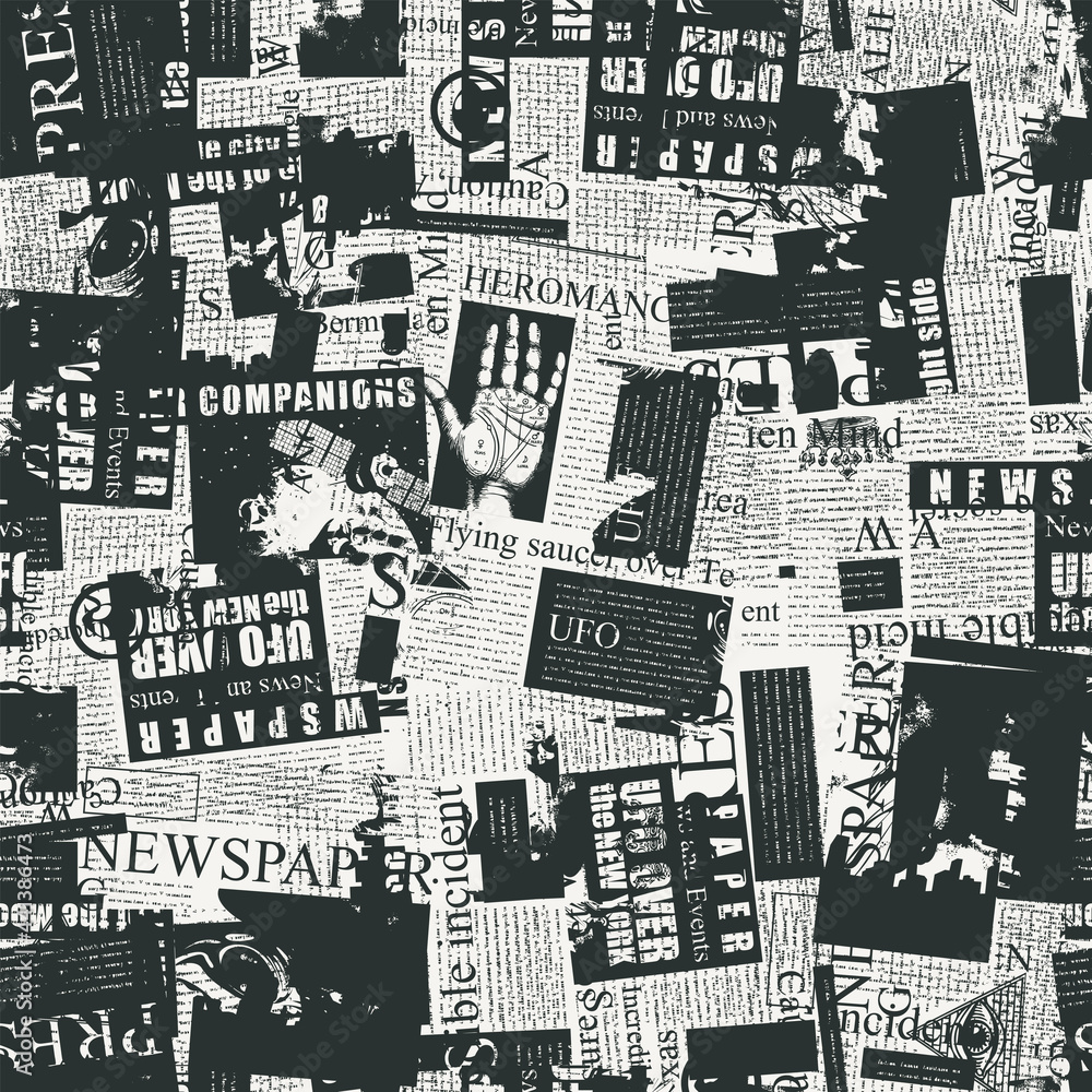 Black and white seamless pattern with chaotic layering of unreadable newspaper text, illustrations and titles. Monochrome vector background in modern style. Wallpaper, wrapping paper, fabric design