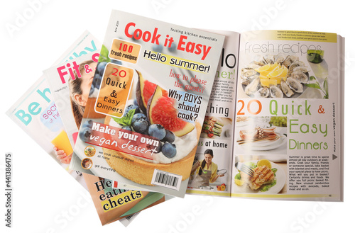 Stack of different magazines on white background, top view
