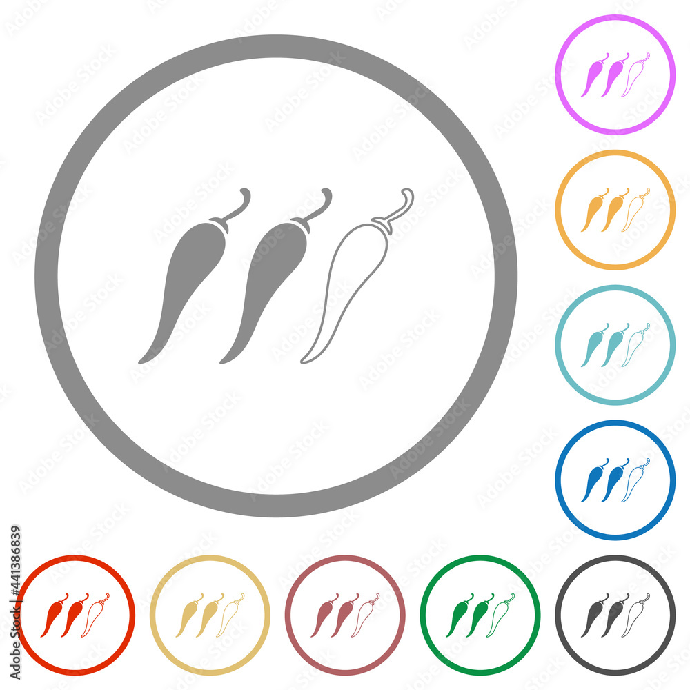 Spicy chili pepper level flat icons with outlines Spicy chili pepper level flat icons with outlines