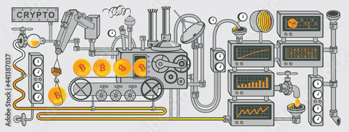 Factory conveyor crypto currency mining. Blockchain technology. Bitcoin manufacturing concept. Vector illustration in flat style with Golden coins production line. Digital money and WebMoney