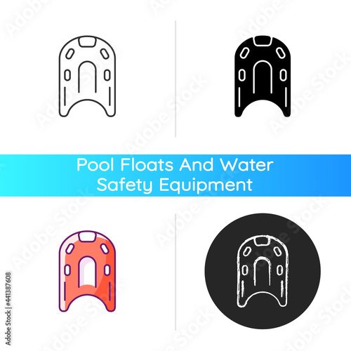 Kickboard icon. Buoyant rectangular board. Flotation aid for beginners. Lower body workouts. Keeping swimmer body in correct position. Linear black and RGB color styles. Isolated vector illustrations