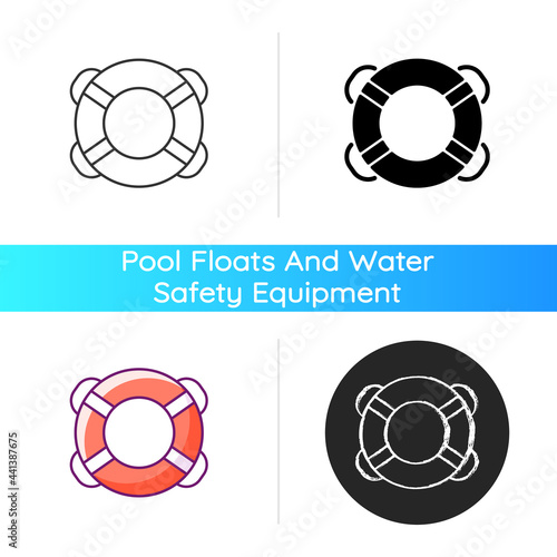 Ring buoy icon. Life preserver. Round floatation device. Assisting beginner swimmer. Swim ring. Lifesaving equipment. Water rescue. Linear black and RGB color styles. Isolated vector illustrations